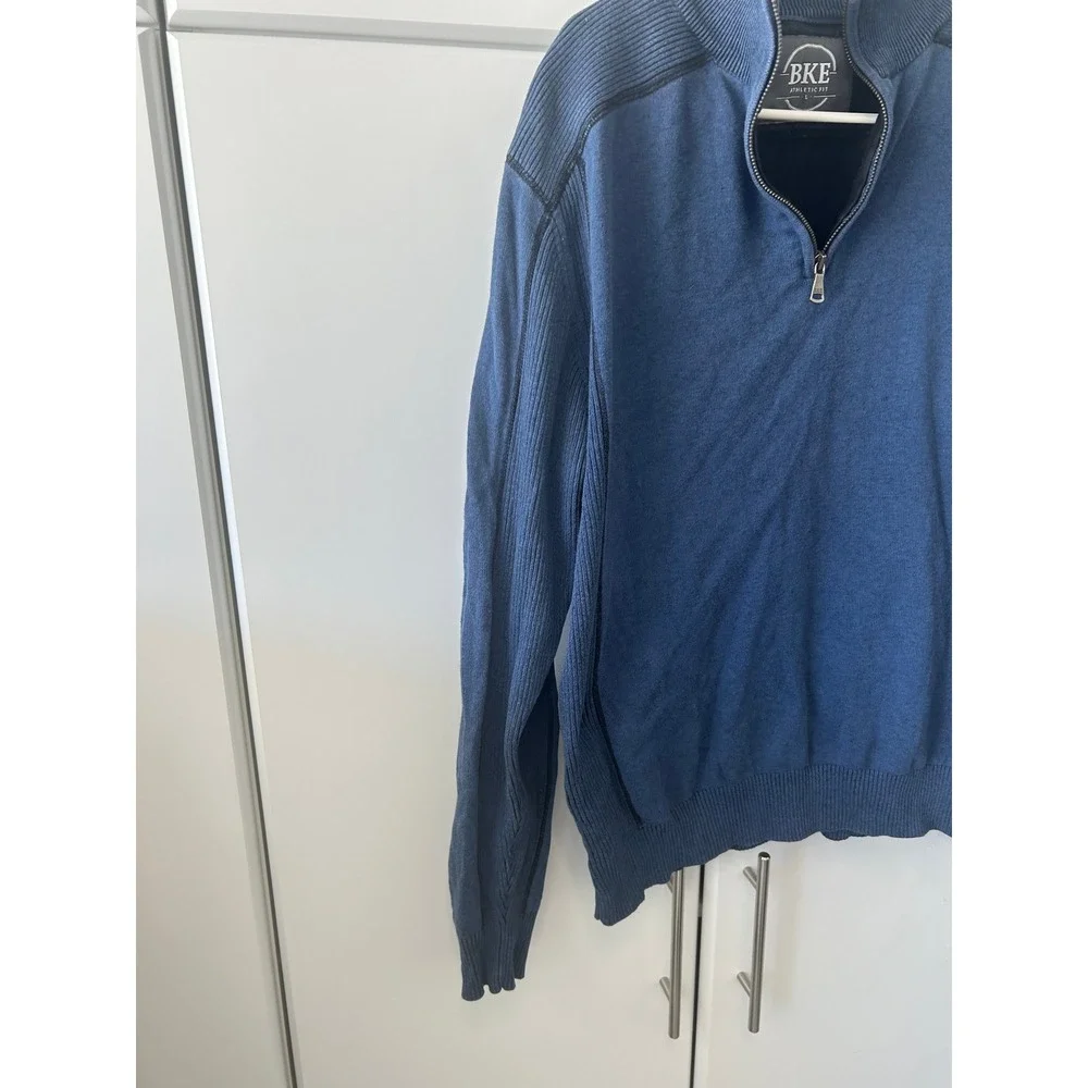 BKE Athletic Fit Mens Blue Quarter Zip Pullover Sweater Size Large Ribbed‎ Knit
